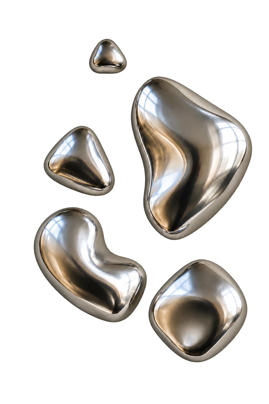 Liquid Rhythm — five silver sculptural forms with a small rounded triangle above