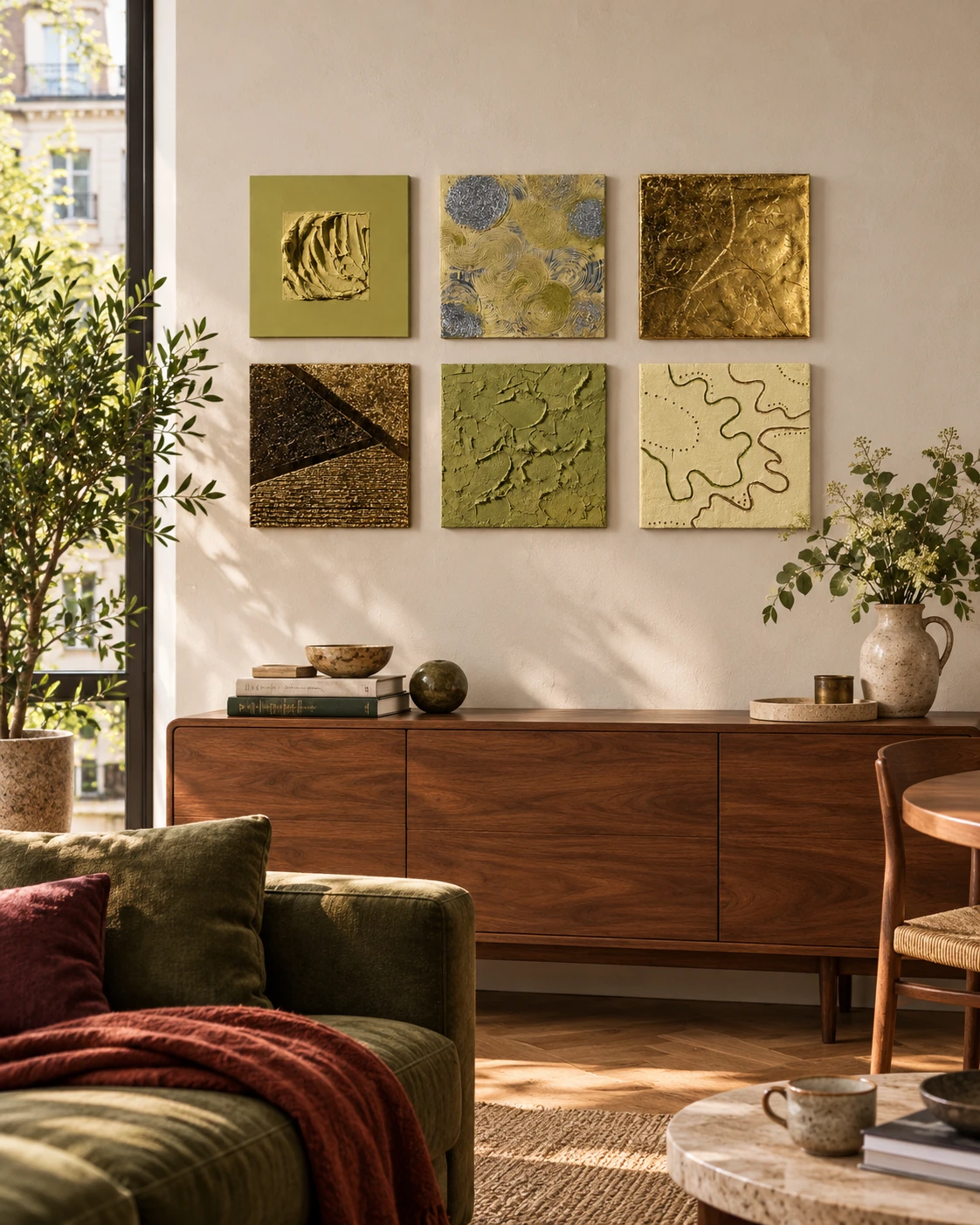 Olive Rhythm six-piece series above a walnut sideboard in a modern living room with plants and a green sofa